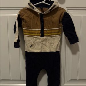 Striped Hooded Baby Romper in Brown, Navy & Cream